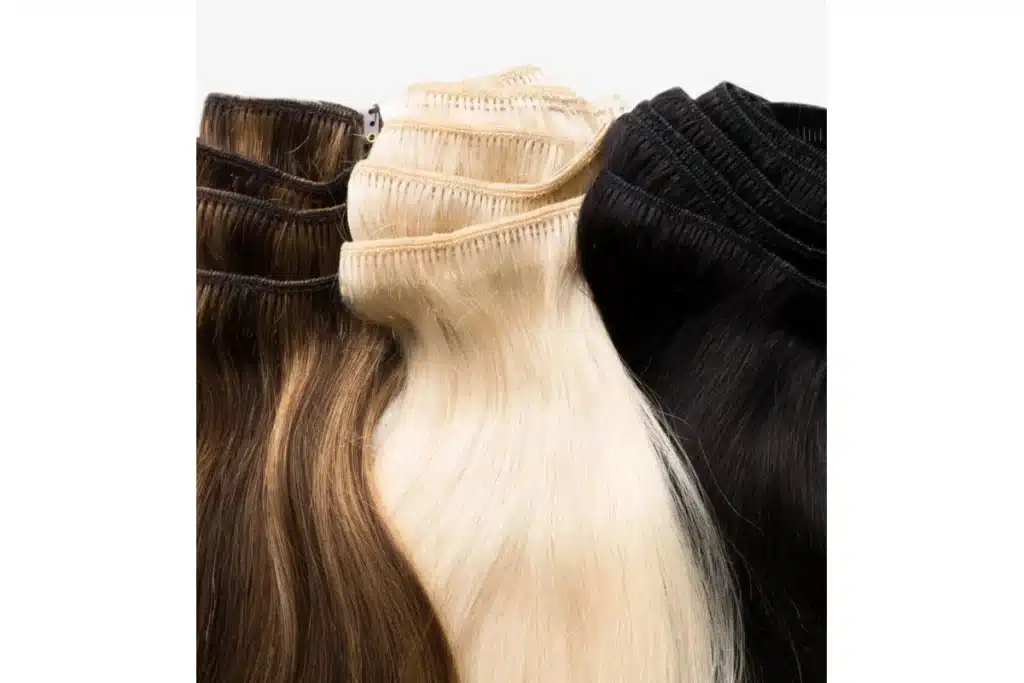 Black, blonde, and brown clip-in hair sets are displayed side by side.