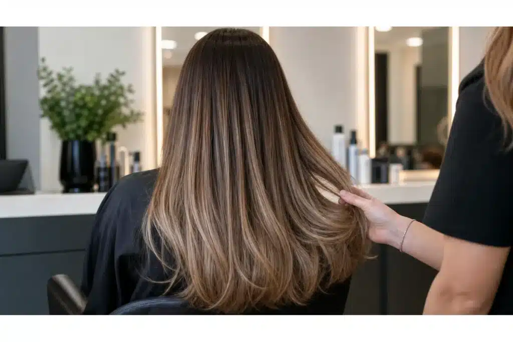 A stylist lifts a section of long brown hair to show the mid-lengths and layered ends.