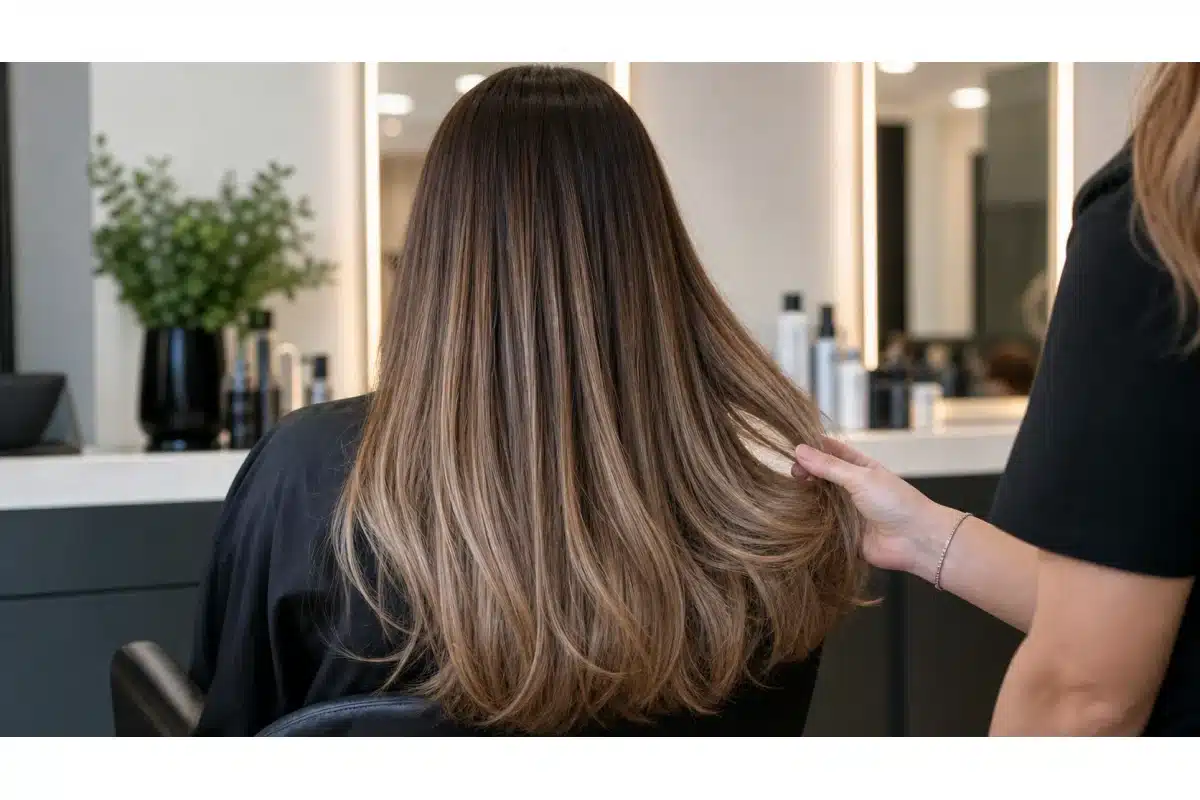 A stylist lifts a section of long brown hair to show the mid-lengths and layered ends.