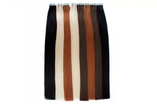 Tape-in hair in several shades displayed with the full lengths visible.