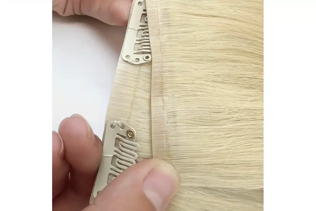 Hands hold a blonde clip-in hair piece to show its narrow seam and attachment clips.