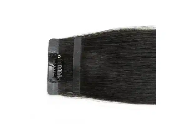 One black clip-in extension piece displayed with its seam and clip visible.
